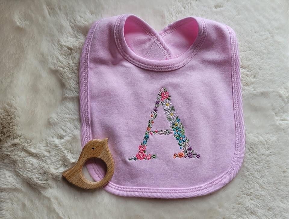 Floral Initial Embroidered Baby Bib: Personalized Cotton Gift