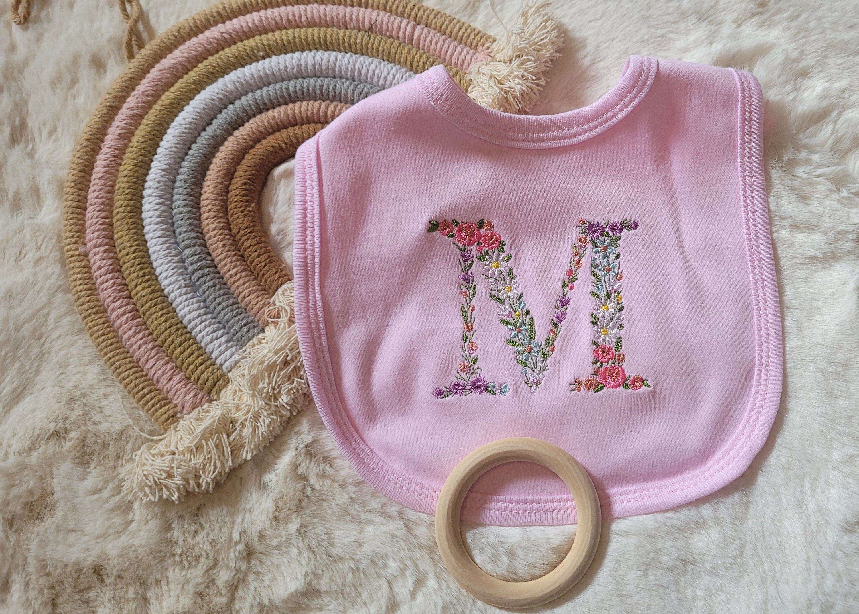 Floral Initial Embroidered Baby Bib: Personalized Cotton Gift