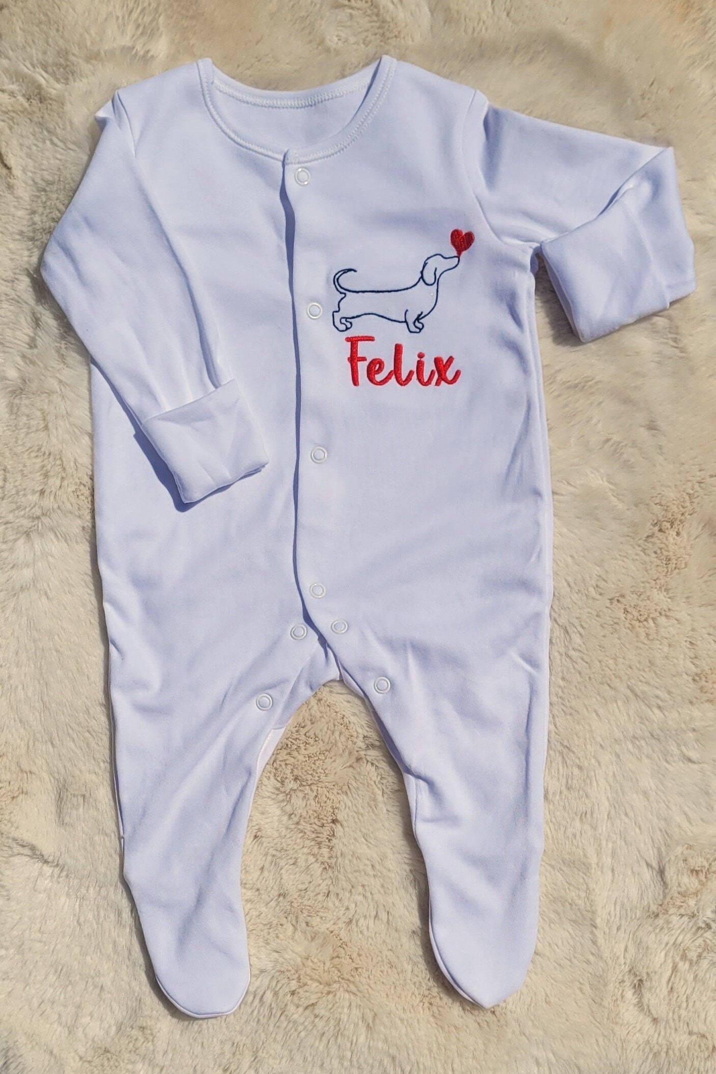 Embroidered Dachshund Baby Sleepsuit | Personalized Cotton Onesie