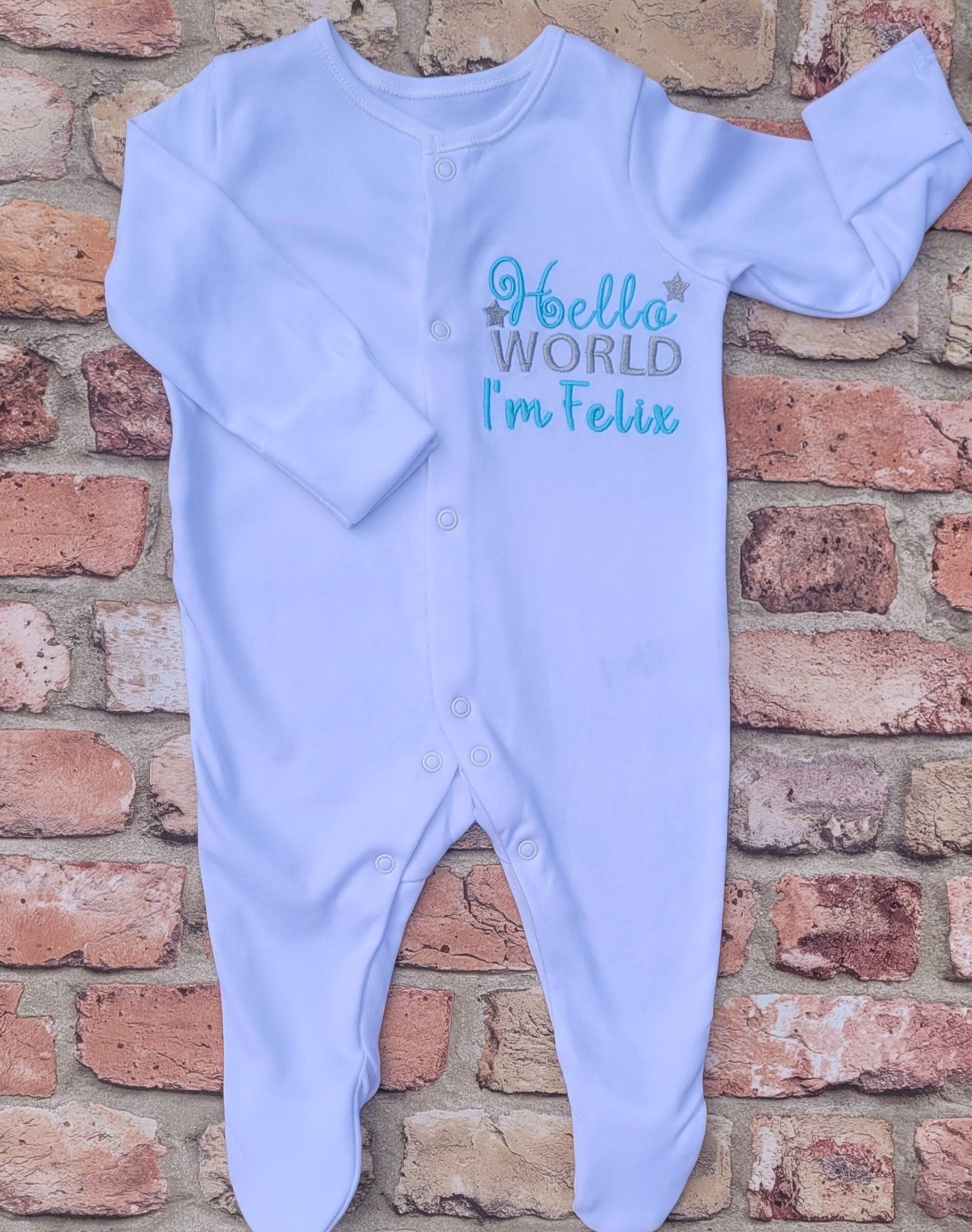 Embroidered Personalized Baby Sleepsuit: Hello World, Stars or Hearts