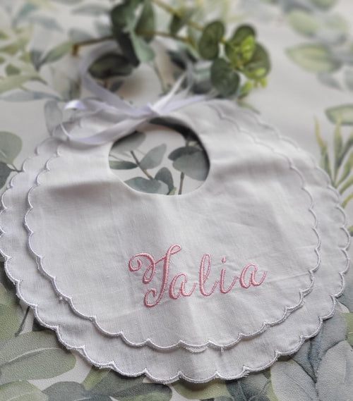 Embroidered Baby Bib: Scalloped Linen, Personalized Monogram