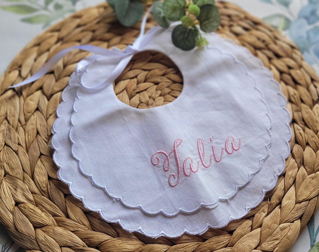Embroidered Baby Bib: Scalloped Linen, Personalized Monogram