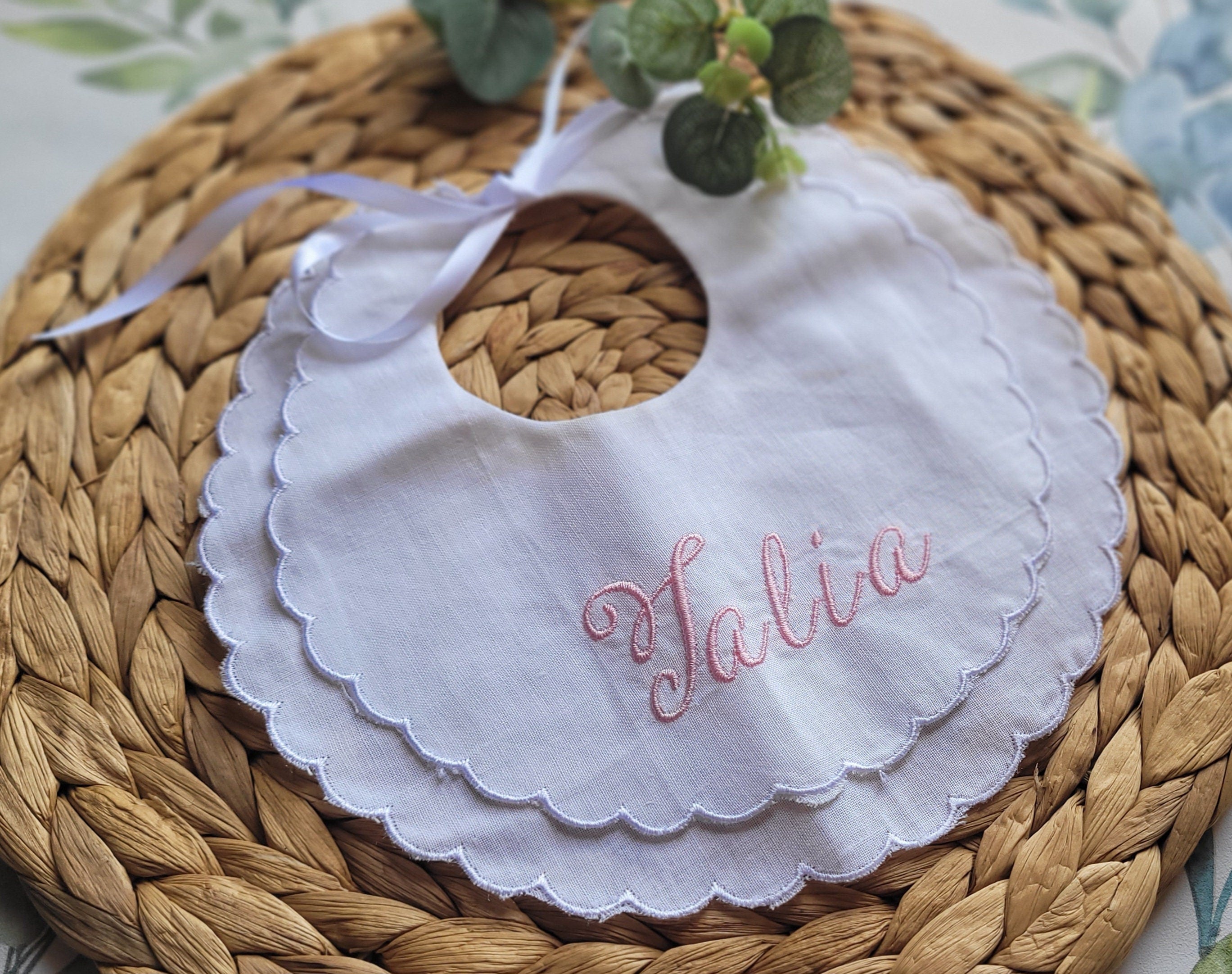 Embroidered Baby Bib: Scalloped Linen, Personalized Monogram