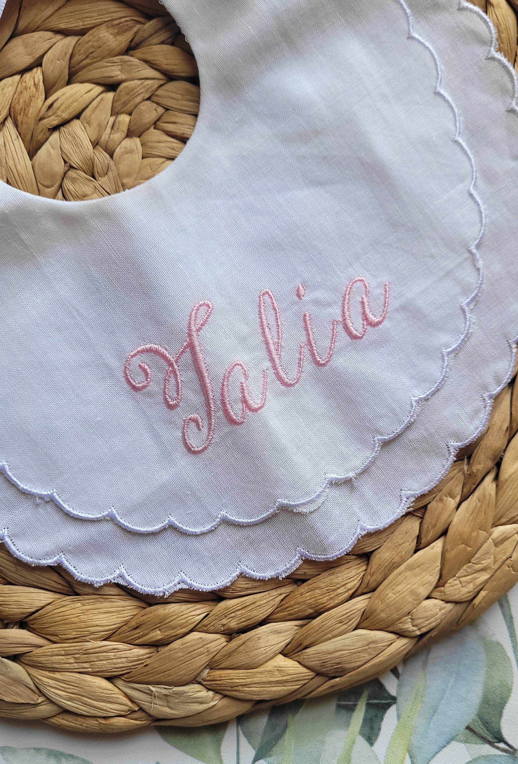 Embroidered Baby Bib: Scalloped Linen, Personalized Monogram