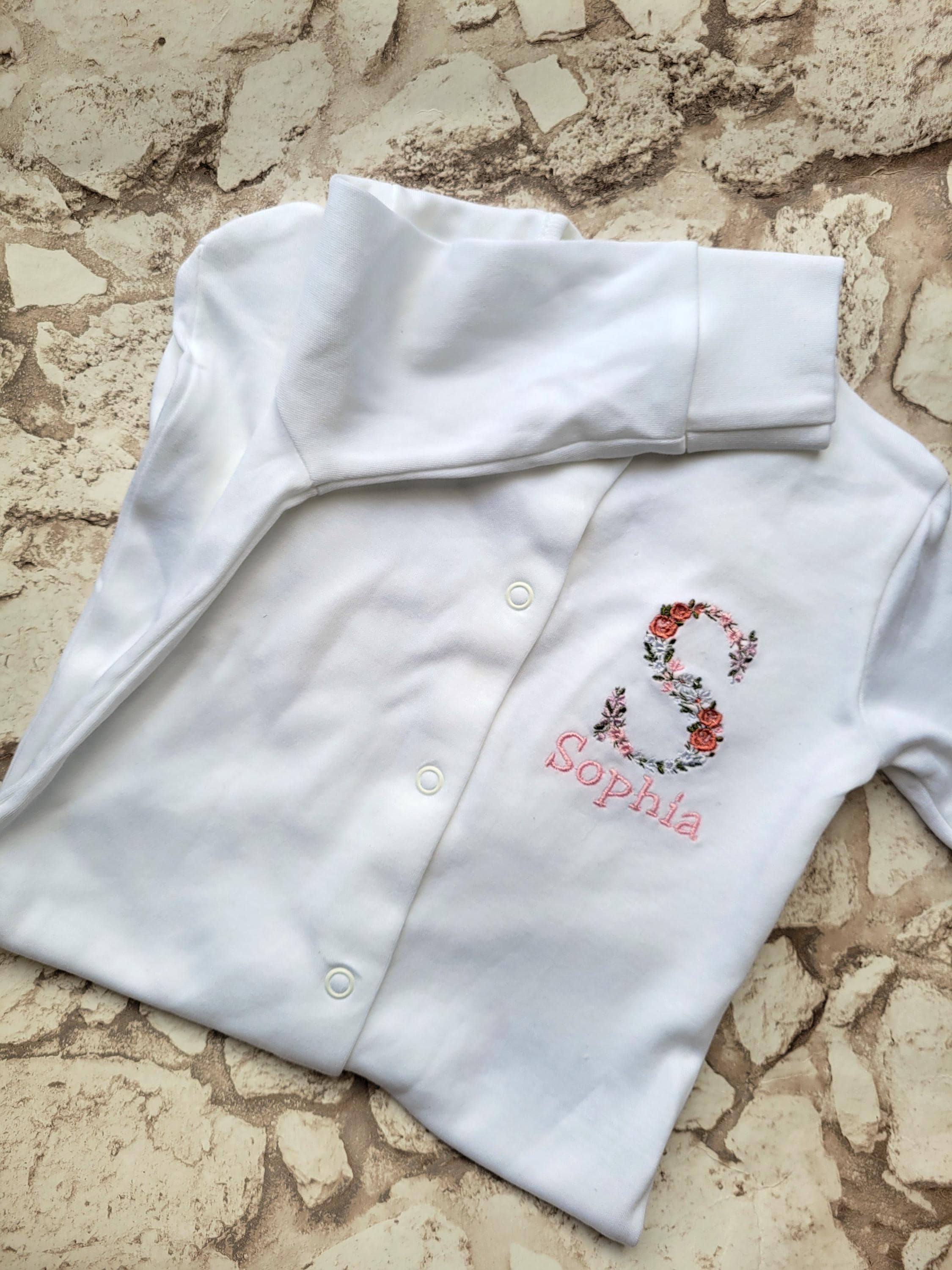 Embroidered Floral Letter Baby Sleepsuit - Personalized Cotton Gift