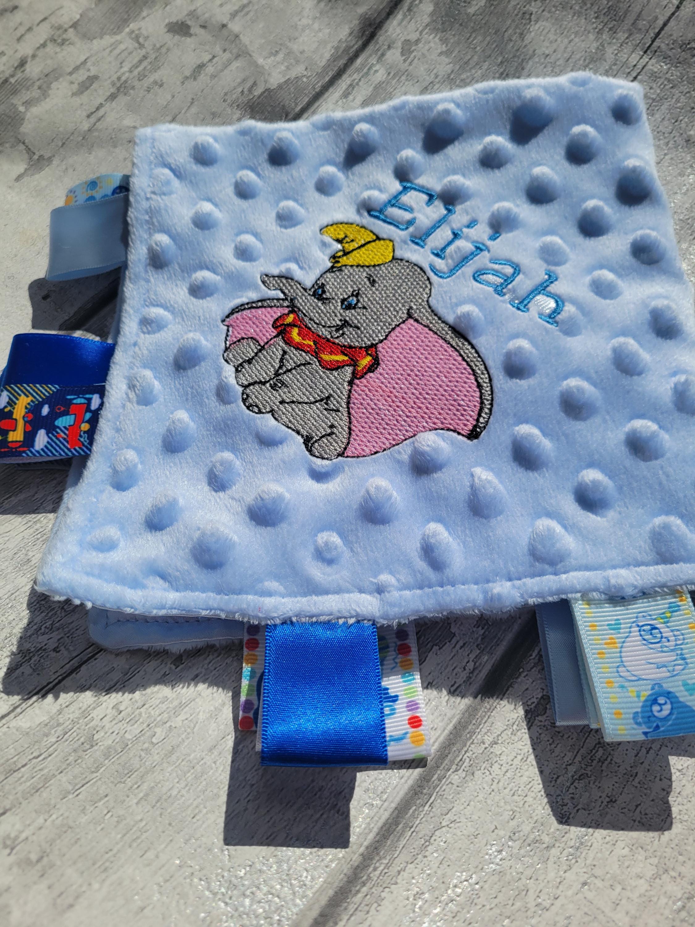 Embroidered Baby Comforter: Personalized Tag Blanket with Satin Ribbons