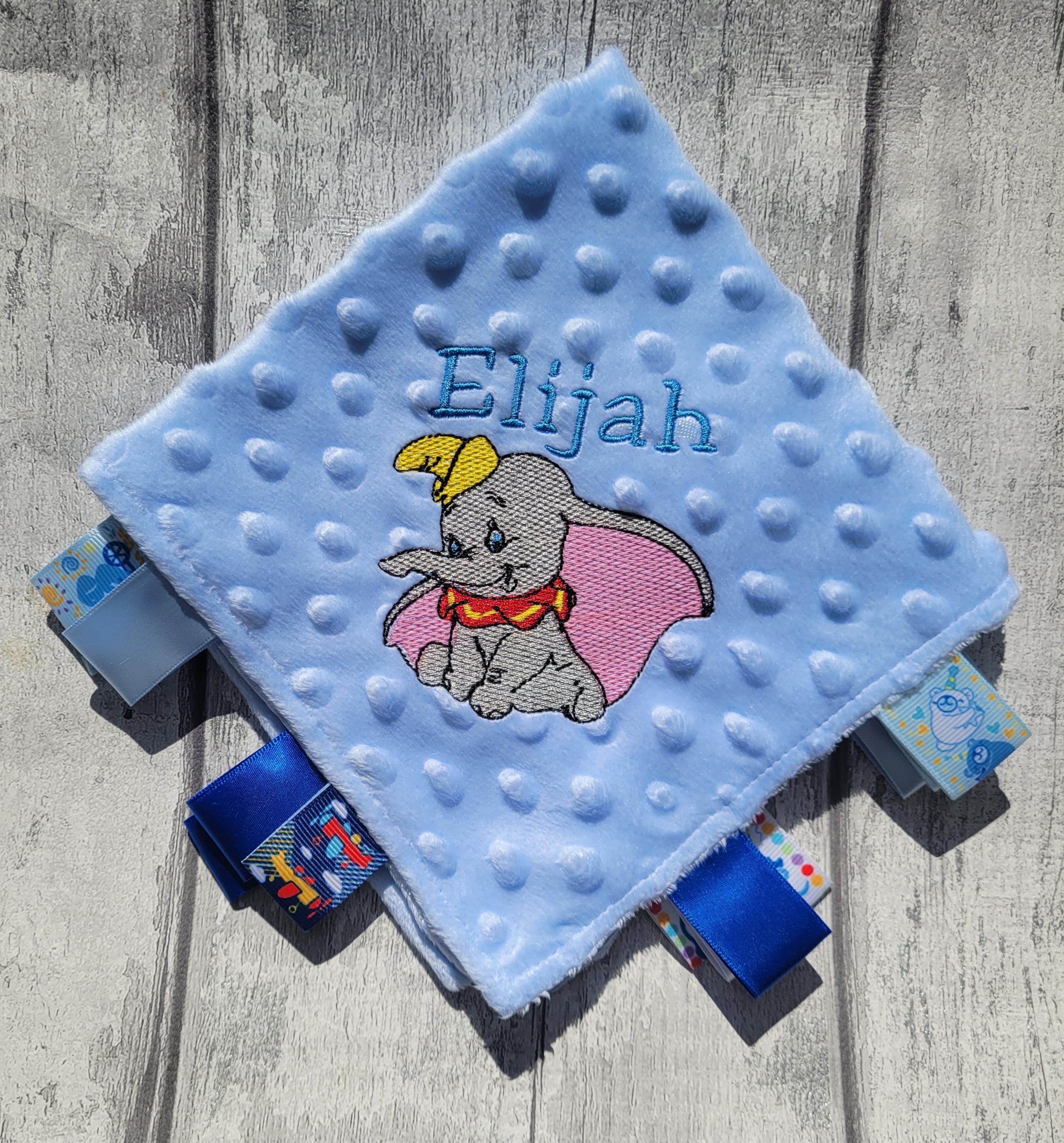 Embroidered Baby Comforter: Personalized Tag Blanket with Satin Ribbons